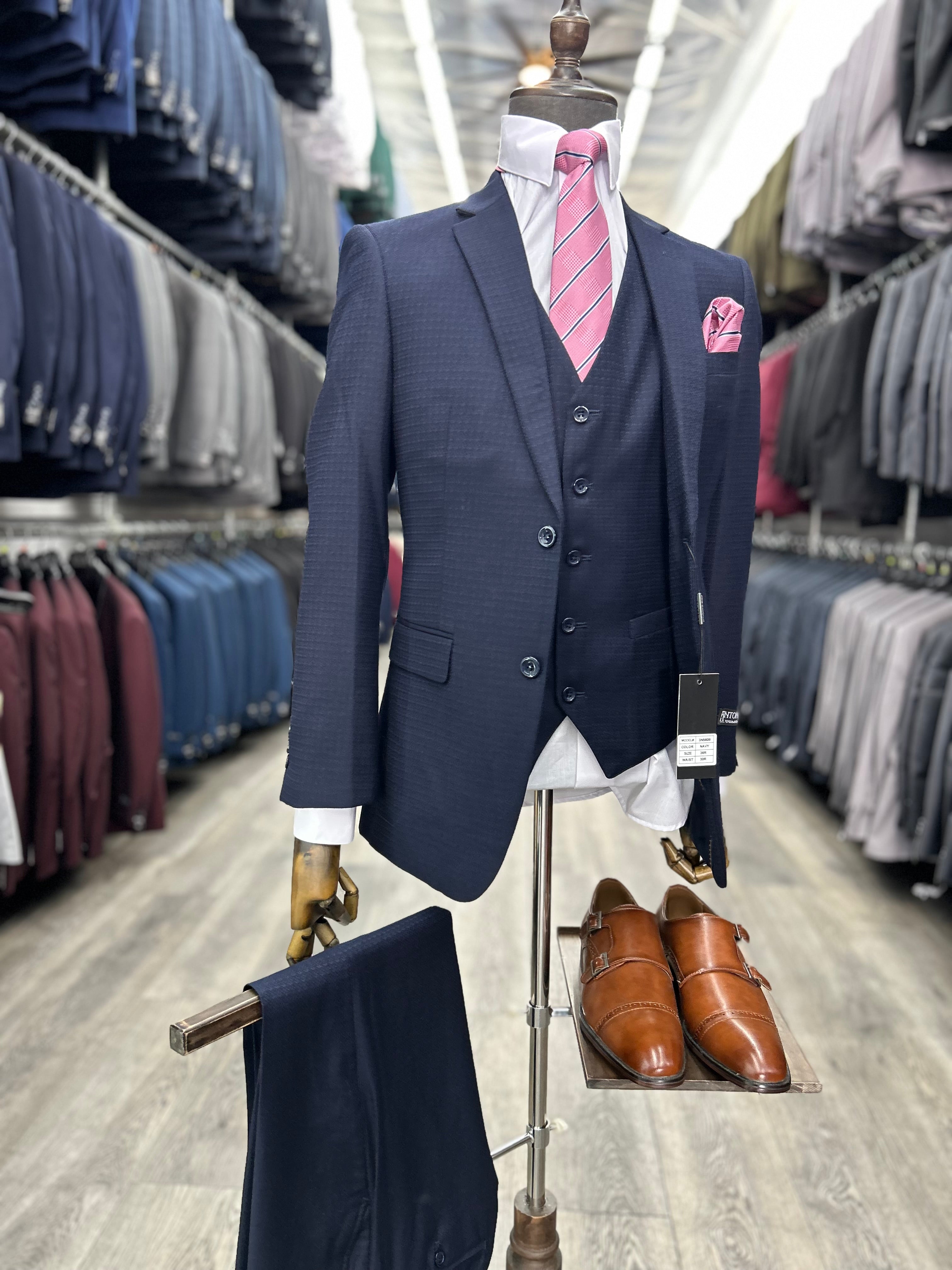 Textured Navy Blue Suit